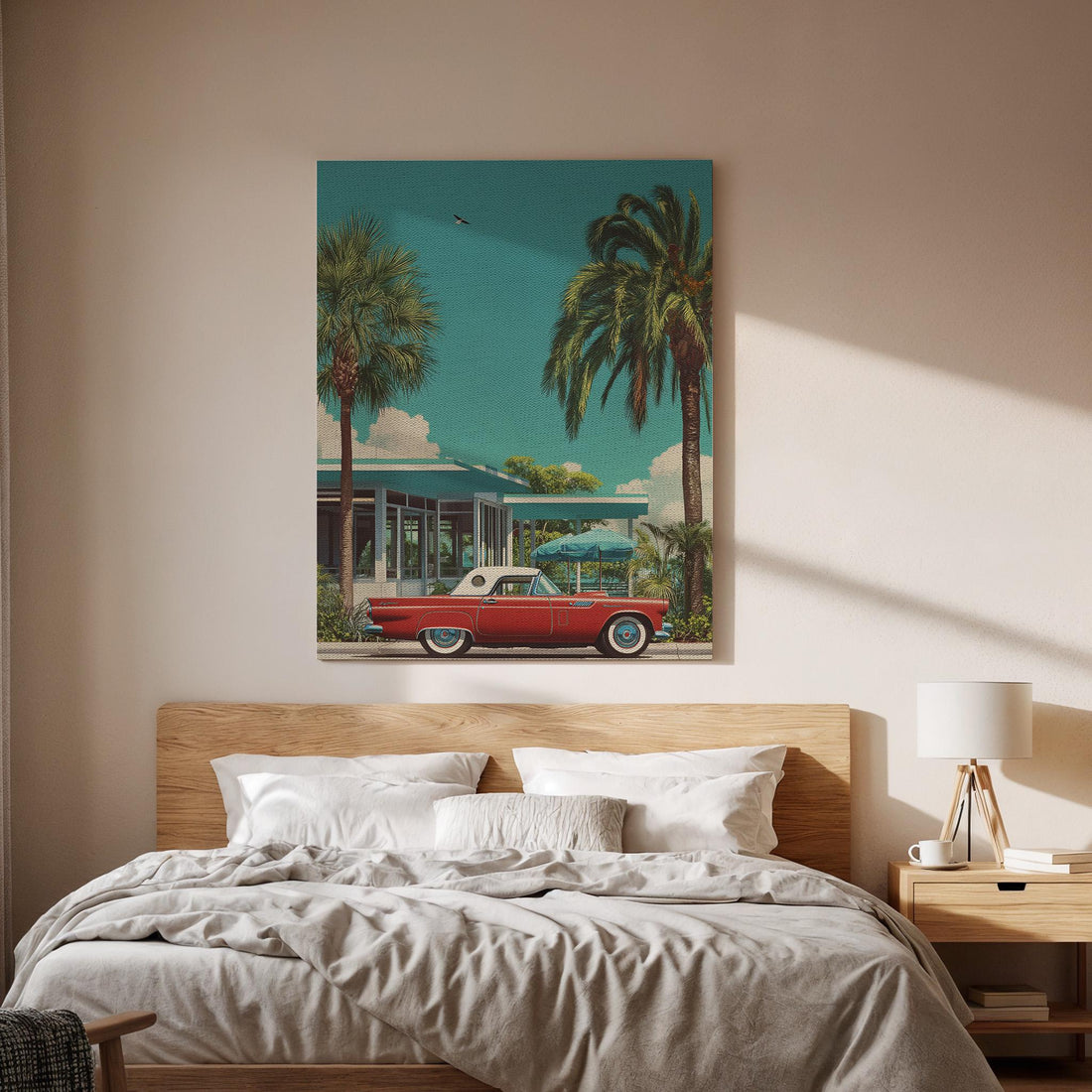Retro Car Canvas Wall Art Palm Tree Summer Poster Mid Century Modern House Print Teal Sky Red Classic Vehicle Decor Gift for Vintage Lovers