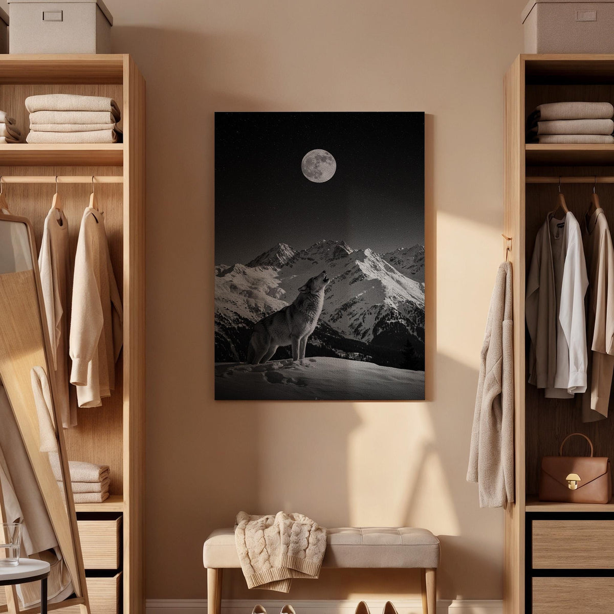 Lone Wolf Under Full Moon Canvas Wall Art  Black and White Mountain Night Print, Wilderness Animal Poster, Nature Decor Gift for Men &amp; Home