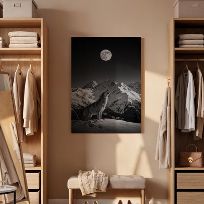 Lone Wolf Under Full Moon Canvas Wall Art  Black and White Mountain Night Print, Wilderness Animal Poster, Nature Decor Gift for Men &amp; Home