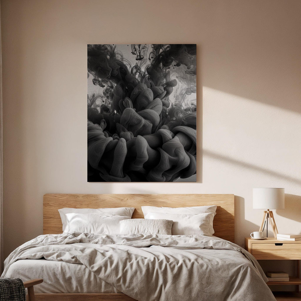 Abstract Black Ink Cloud Canvas Wall Art  Modern Minimalist Smoke Flow Print, Monochrome Abstract Poster for Luxury Living Room and Office
