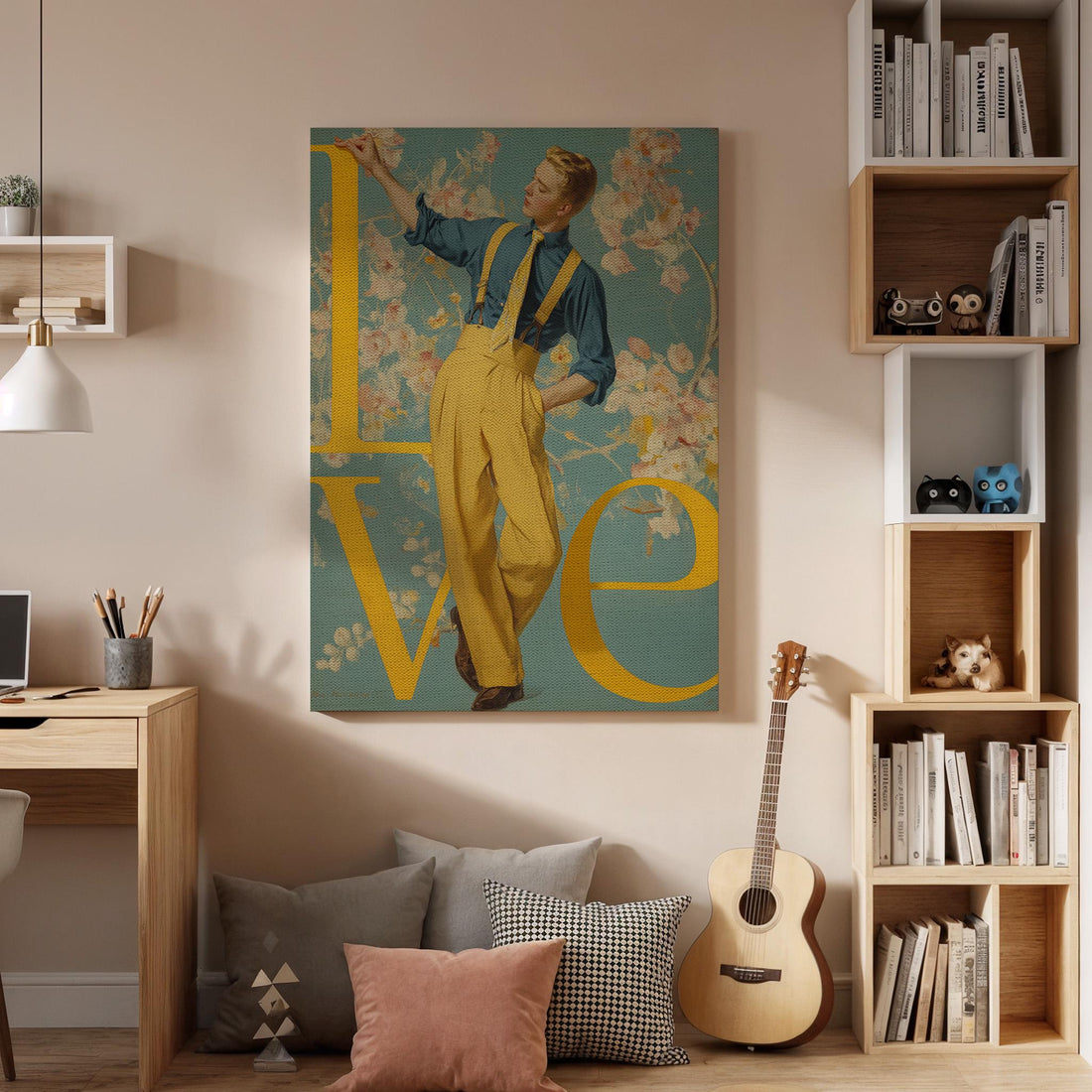 Retro Love Canvas Wall Art Romantic Vintage Man Poster Yellow Typography Print Classic Fashion Artwork Mid Century Inspired Room Decor