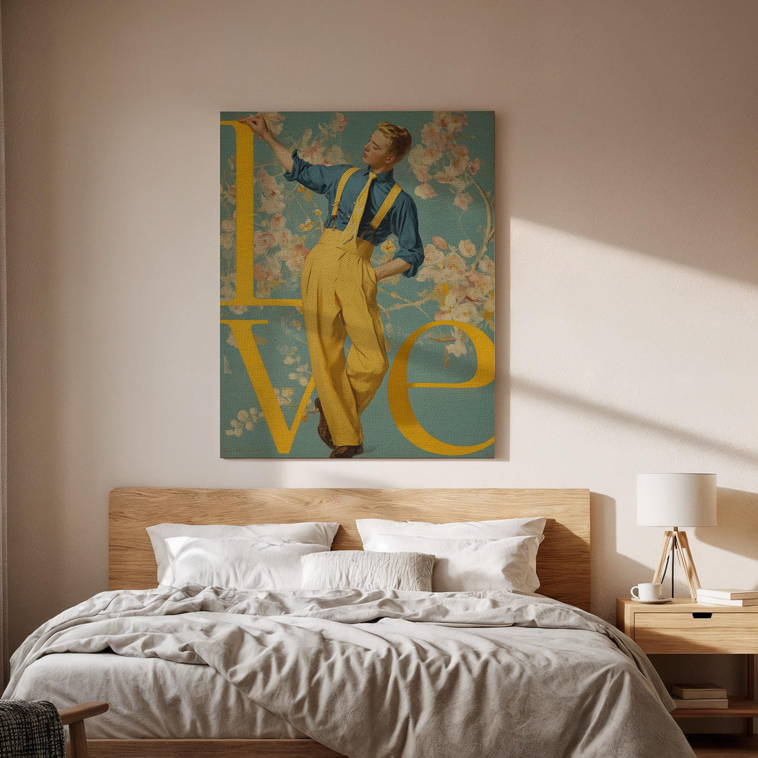 Retro Love Canvas Wall Art Romantic Vintage Man Poster Yellow Typography Print Classic Fashion Artwork Mid Century Inspired Room Decor