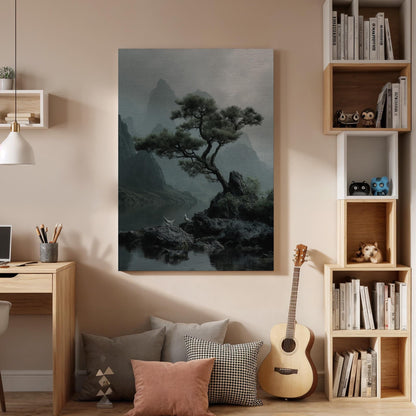 Zen Pine Tree Landscape Canvas Wall Art  Minimal Japanese Nature Painting Print, Tranquil Asian Style Mountain Scene for Living Room Decor