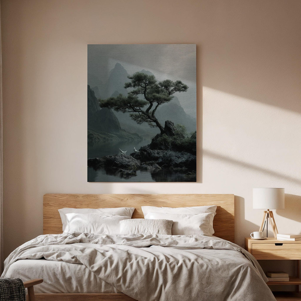 Zen Pine Tree Landscape Canvas Wall Art  Minimal Japanese Nature Painting Print, Tranquil Asian Style Mountain Scene for Living Room Decor
