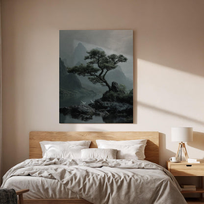Zen Pine Tree Landscape Canvas Wall Art  Minimal Japanese Nature Painting Print, Tranquil Asian Style Mountain Scene for Living Room Decor