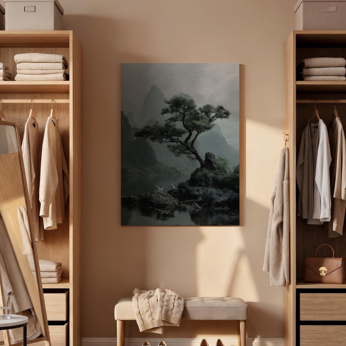 Zen Pine Tree Landscape Canvas Wall Art  Minimal Japanese Nature Painting Print, Tranquil Asian Style Mountain Scene for Living Room Decor