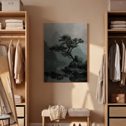 Zen Pine Tree Landscape Canvas Wall Art  Minimal Japanese Nature Painting Print, Tranquil Asian Style Mountain Scene for Living Room Decor