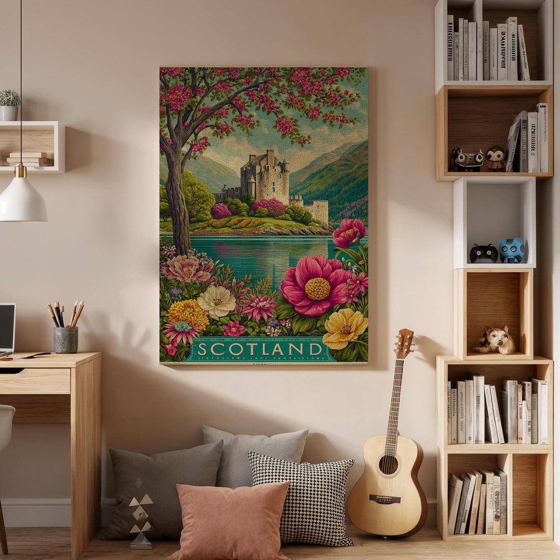 Scotland Castle Canvas Wall Art Vintage Travel Poster Botanical Flower Print Romantic Landscape Artwork Nature Inspired Scotland Decor Gift