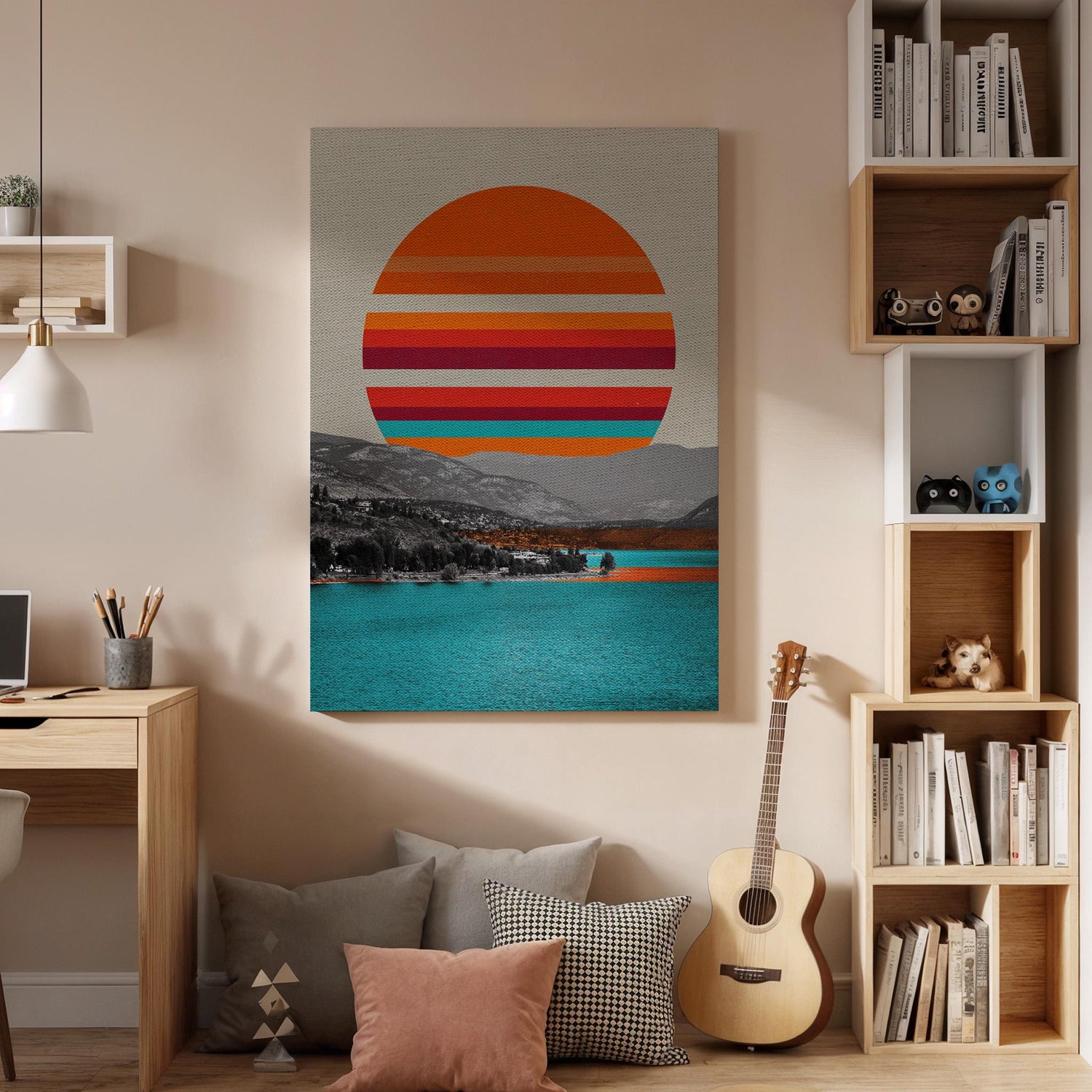 Retro Sunset Canvas Wall Art Abstract Landscape Poster with Ocean View Minimalist Striped Sun Print Modern Coastal Artwork for Home