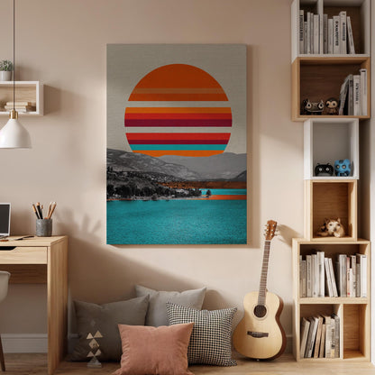 Retro Sunset Canvas Wall Art Abstract Landscape Poster with Ocean View Minimalist Striped Sun Print Modern Coastal Artwork for Home