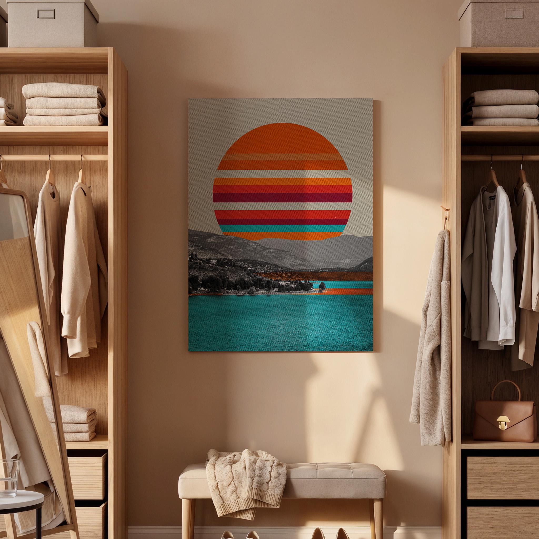 Retro Sunset Canvas Wall Art Abstract Landscape Poster with Ocean View Minimalist Striped Sun Print Modern Coastal Artwork for Home