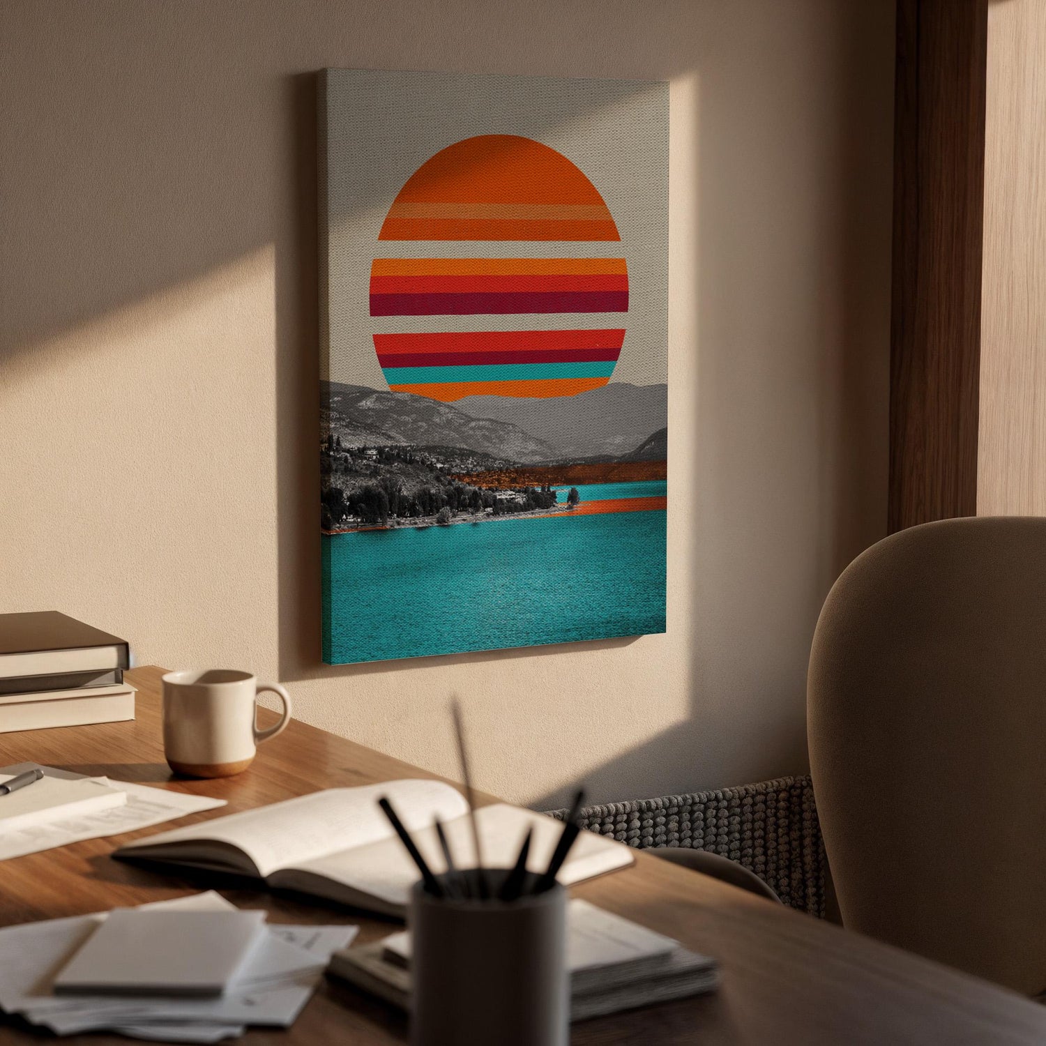 Retro Sunset Canvas Wall Art Abstract Landscape Poster with Ocean View Minimalist Striped Sun Print Modern Coastal Artwork for Home