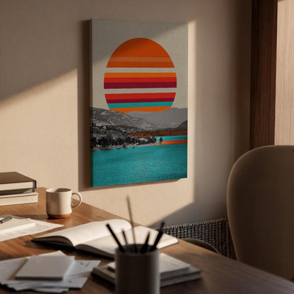 Retro Sunset Canvas Wall Art Abstract Landscape Poster with Ocean View Minimalist Striped Sun Print Modern Coastal Artwork for Home