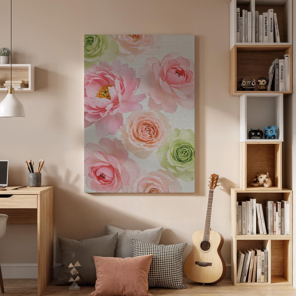 Romantic Floral Canvas Wall Art  Soft Pink Peony and Rose Print, Pastel Botanical Decor for Bedroom, Feminine Wall Art Gift for Flower Lover
