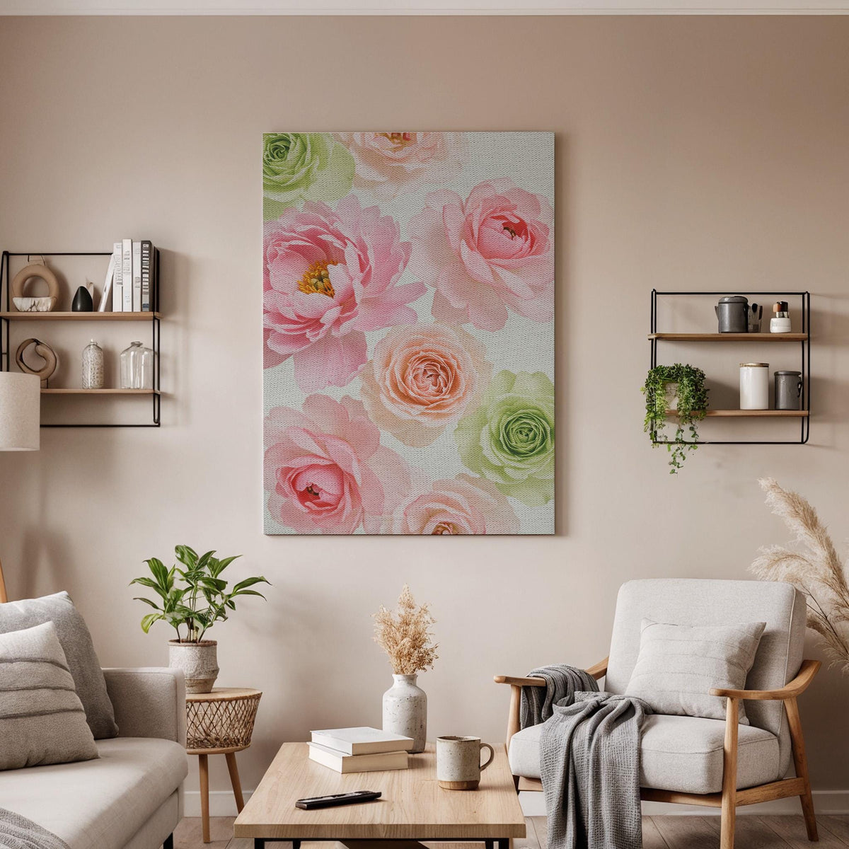 Romantic Floral Canvas Wall Art  Soft Pink Peony and Rose Print, Pastel Botanical Decor for Bedroom, Feminine Wall Art Gift for Flower Lover