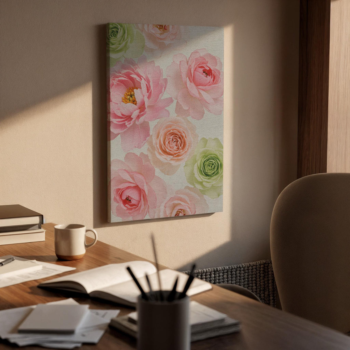 Romantic Floral Canvas Wall Art  Soft Pink Peony and Rose Print, Pastel Botanical Decor for Bedroom, Feminine Wall Art Gift for Flower Lover