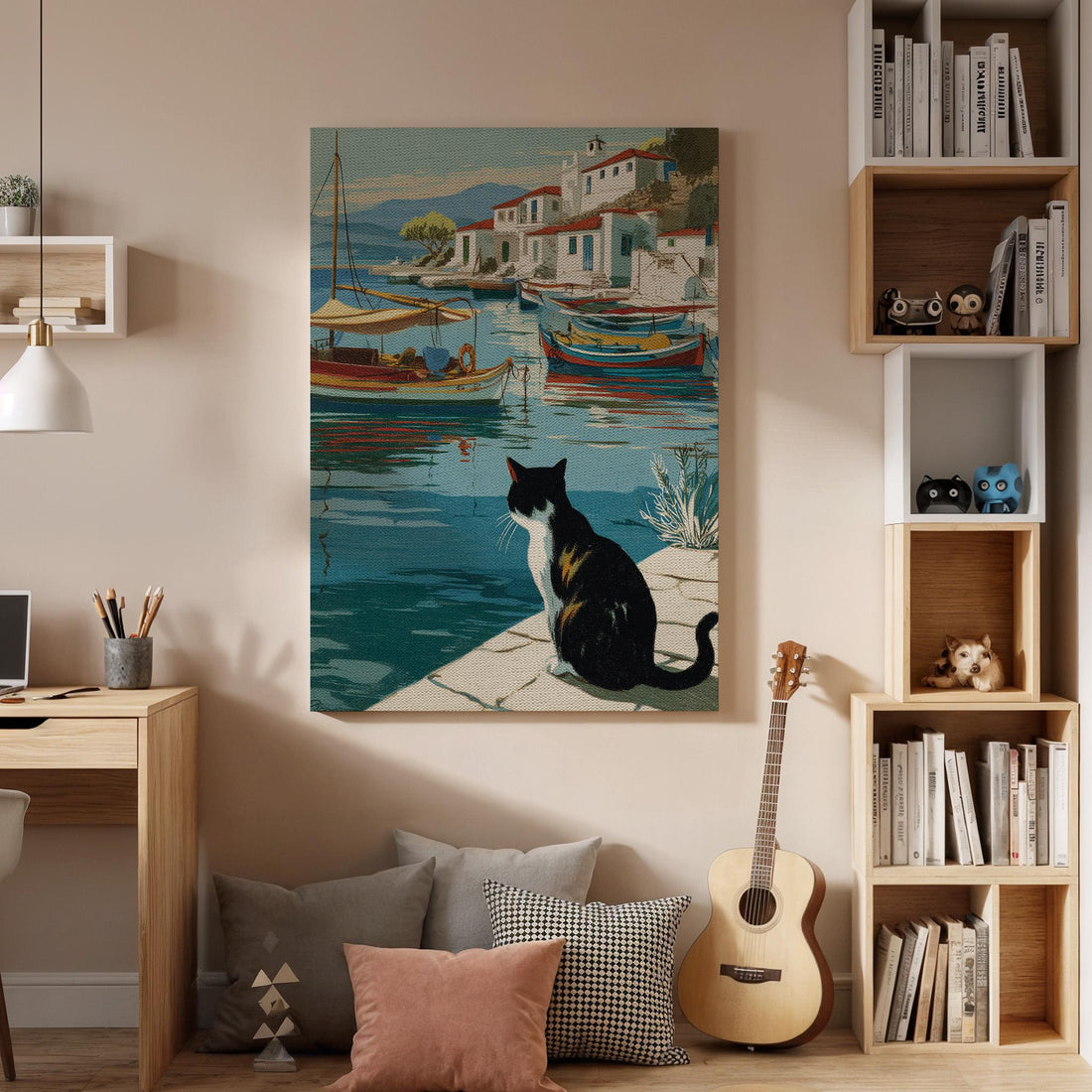 Mediterranean Cat Canvas Wall Art Coastal Village Poster Vintage Boat Harbor Print Relaxing Sea View Artwork for Cat Lovers and Home Decor