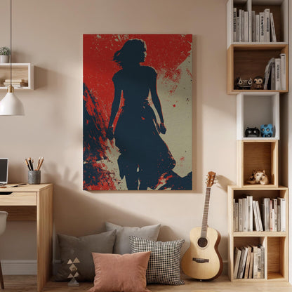 Abstract Woman Silhouette Canvas Art  Bold Red and Blue Modern Wall Print, Empowering Feminine Figure Artwork for Home or Office Decor