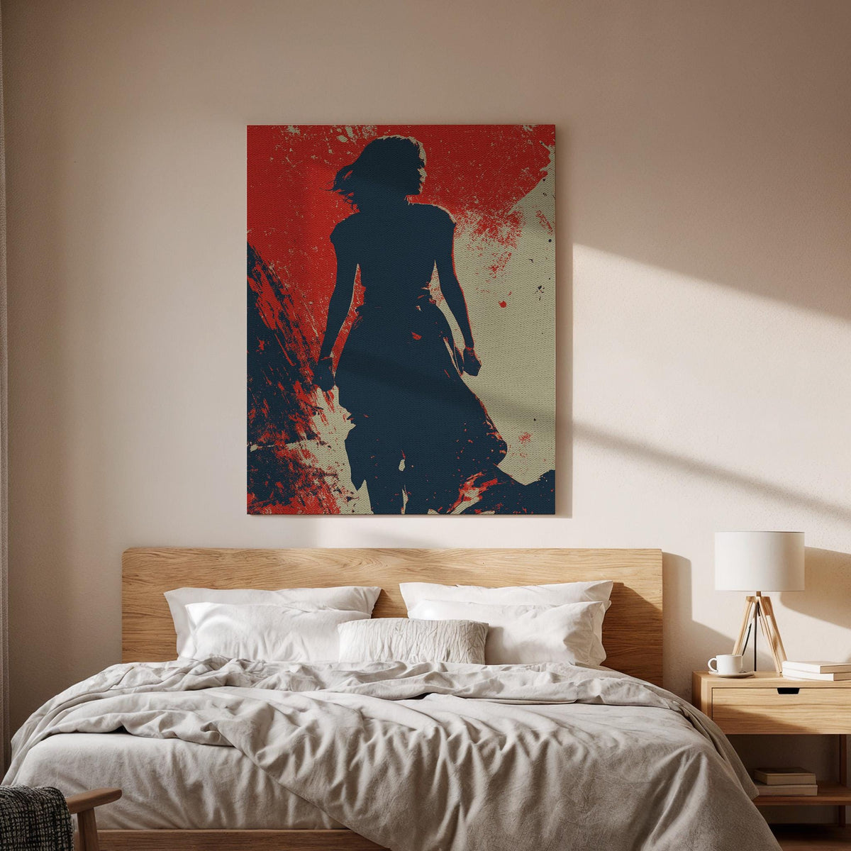 Abstract Woman Silhouette Canvas Art  Bold Red and Blue Modern Wall Print, Empowering Feminine Figure Artwork for Home or Office Decor