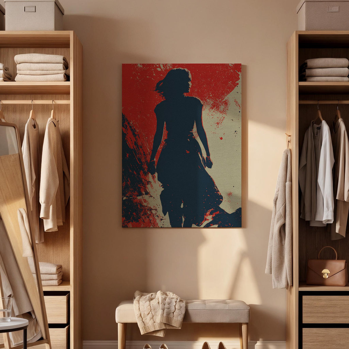 Abstract Woman Silhouette Canvas Art  Bold Red and Blue Modern Wall Print, Empowering Feminine Figure Artwork for Home or Office Decor