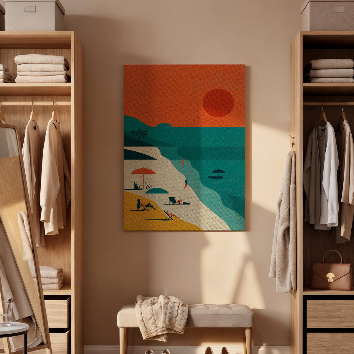 Retro Beach Sunset Canvas Wall Art  Minimalist Coastal Print, Summer Ocean Poster Decor Gift for Beach Lovers and Vacation Dreamers