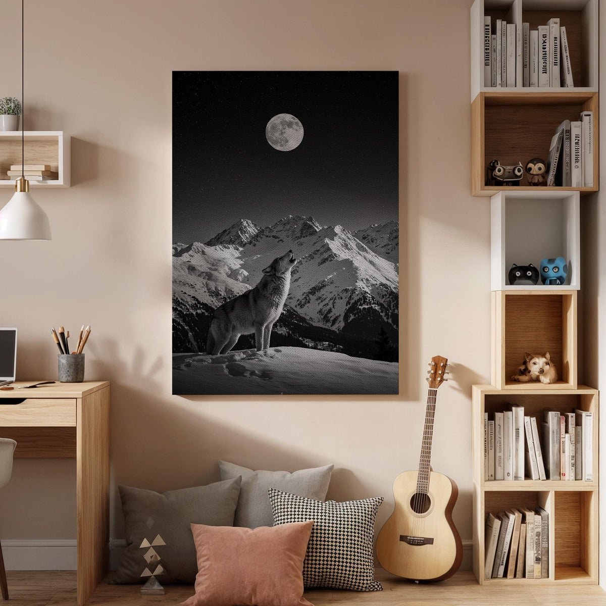 Lone Wolf Under Full Moon Canvas Wall Art  Black and White Mountain Night Print, Wilderness Animal Poster, Nature Decor Gift for Men &amp; Home