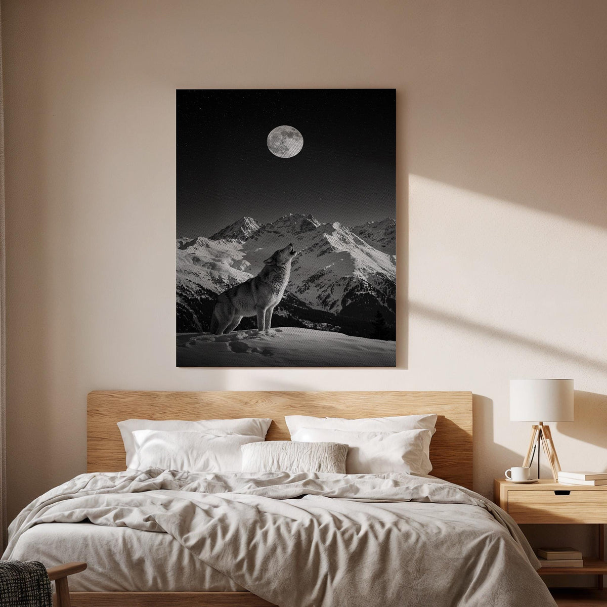 Lone Wolf Under Full Moon Canvas Wall Art  Black and White Mountain Night Print, Wilderness Animal Poster, Nature Decor Gift for Men &amp; Home