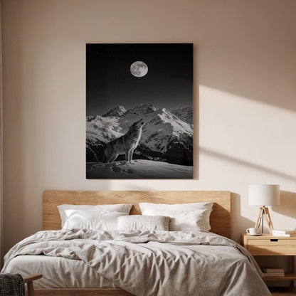 Lone Wolf Under Full Moon Canvas Wall Art  Black and White Mountain Night Print, Wilderness Animal Poster, Nature Decor Gift for Men &amp; Home