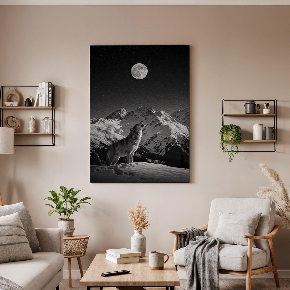 Lone Wolf Under Full Moon Canvas Wall Art  Black and White Mountain Night Print, Wilderness Animal Poster, Nature Decor Gift for Men &amp; Home