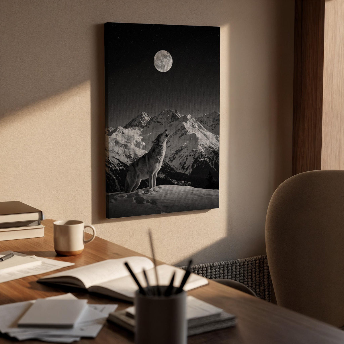Lone Wolf Under Full Moon Canvas Wall Art  Black and White Mountain Night Print, Wilderness Animal Poster, Nature Decor Gift for Men &amp; Home