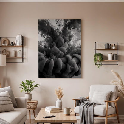 Abstract Black Ink Cloud Canvas Wall Art  Modern Minimalist Smoke Flow Print, Monochrome Abstract Poster for Luxury Living Room and Office