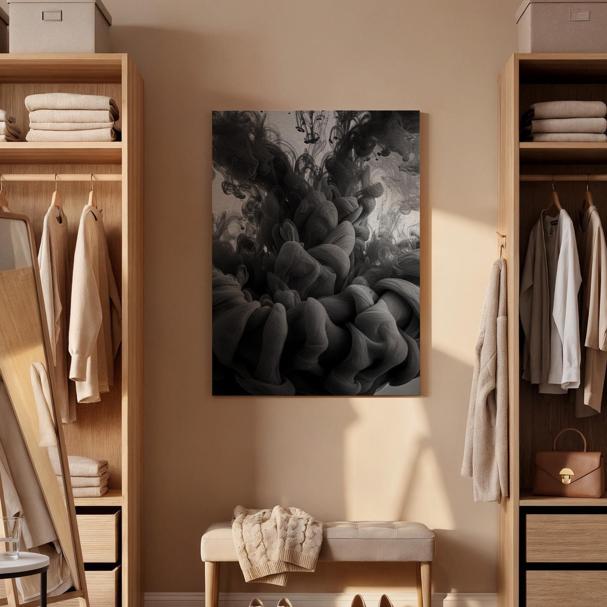 Abstract Black Ink Cloud Canvas Wall Art  Modern Minimalist Smoke Flow Print, Monochrome Abstract Poster for Luxury Living Room and Office