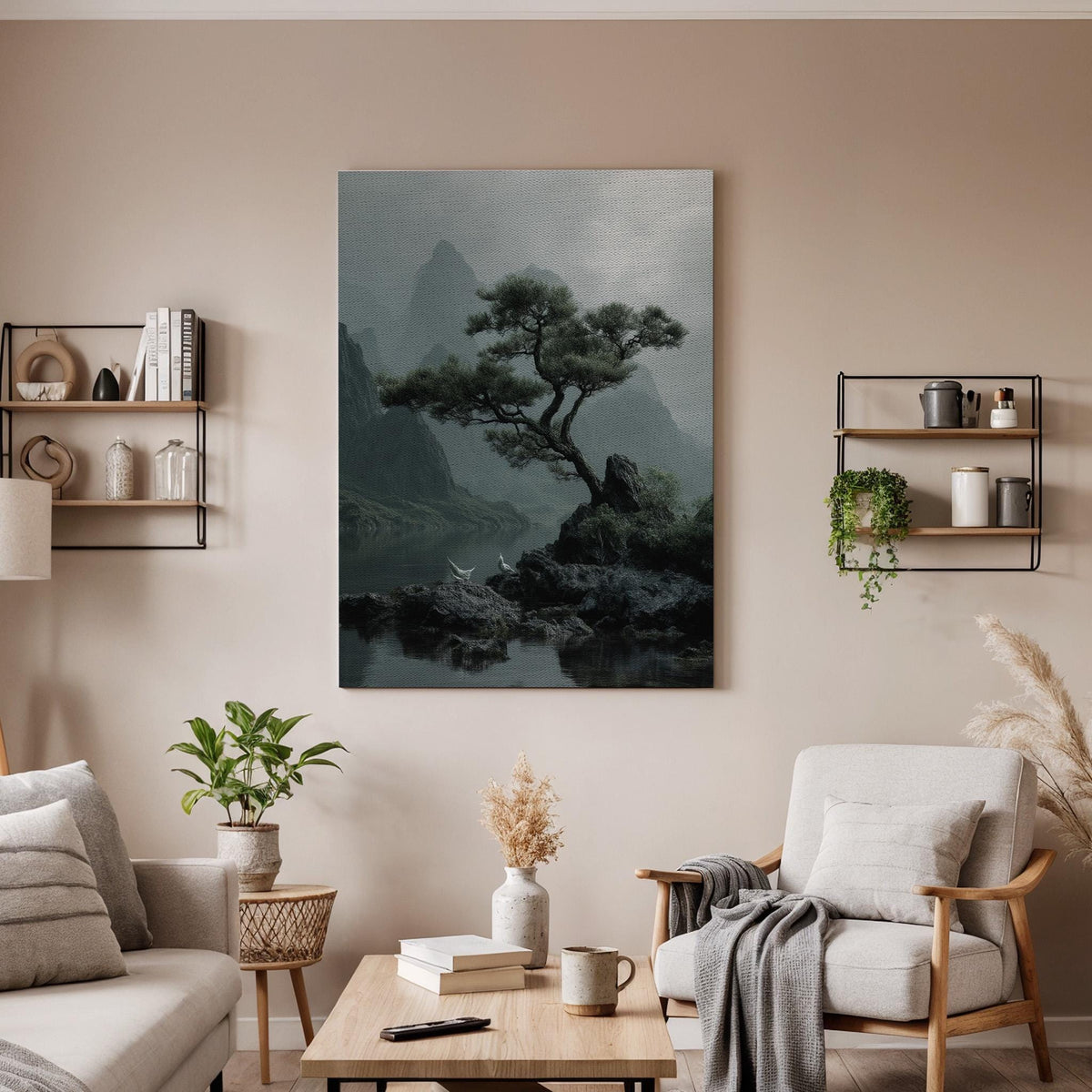 Zen Pine Tree Landscape Canvas Wall Art  Minimal Japanese Nature Painting Print, Tranquil Asian Style Mountain Scene for Living Room Decor