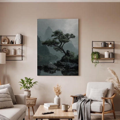 Zen Pine Tree Landscape Canvas Wall Art  Minimal Japanese Nature Painting Print, Tranquil Asian Style Mountain Scene for Living Room Decor