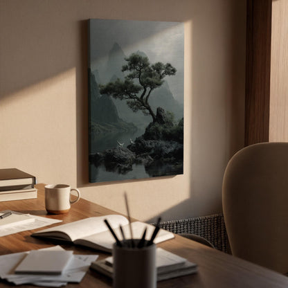 Zen Pine Tree Landscape Canvas Wall Art  Minimal Japanese Nature Painting Print, Tranquil Asian Style Mountain Scene for Living Room Decor