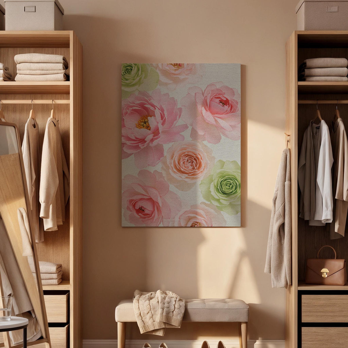 Romantic Floral Canvas Wall Art  Soft Pink Peony and Rose Print, Pastel Botanical Decor for Bedroom, Feminine Wall Art Gift for Flower Lover