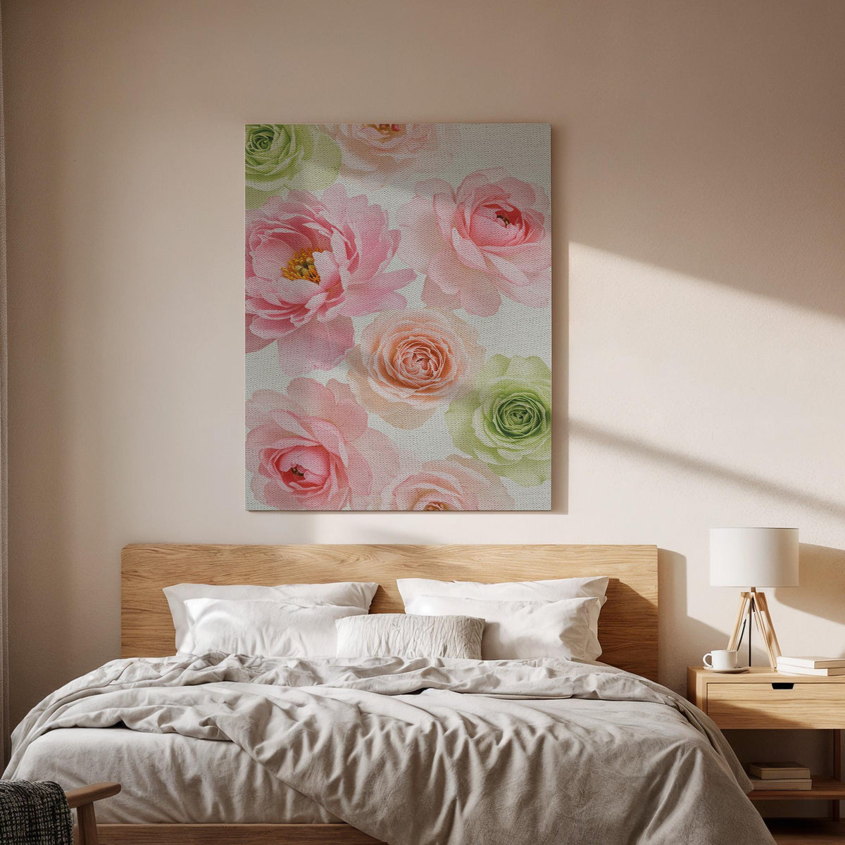 Romantic Floral Canvas Wall Art  Soft Pink Peony and Rose Print, Pastel Botanical Decor for Bedroom, Feminine Wall Art Gift for Flower Lover