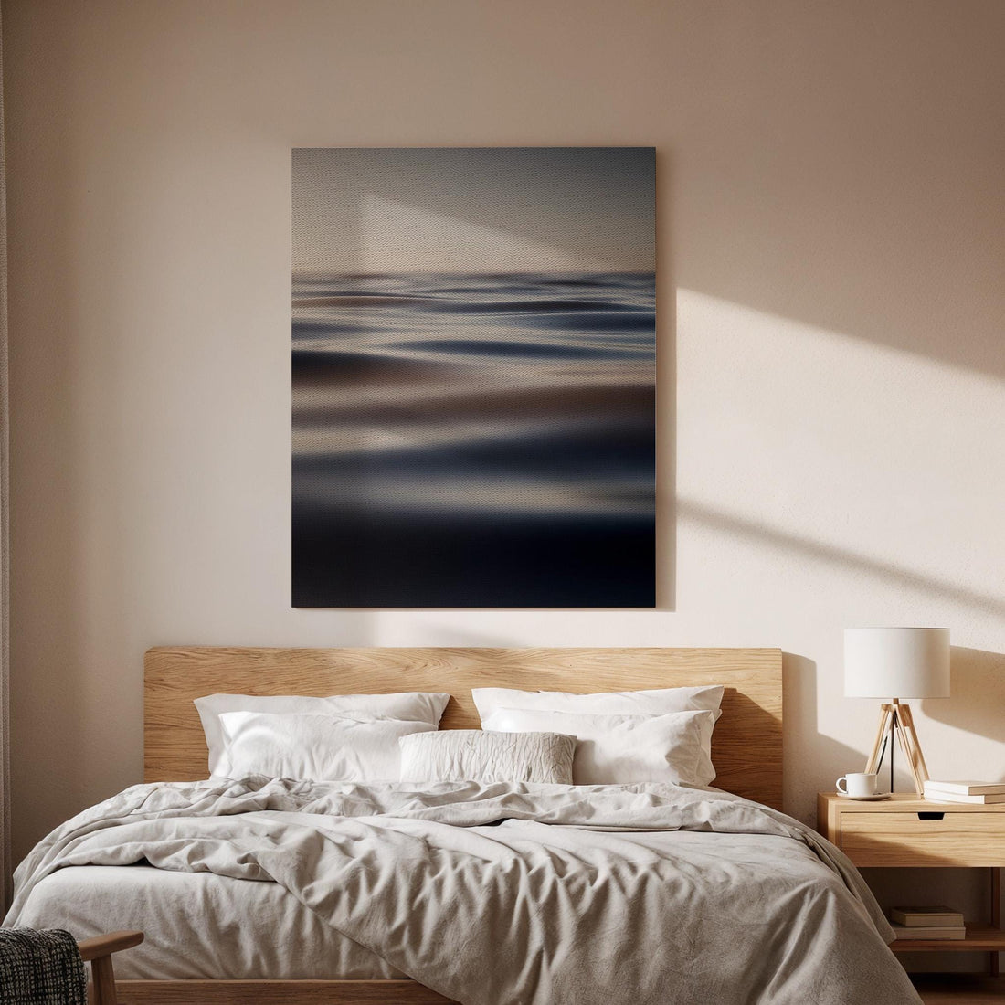 Soft Horizon Canvas, Calm Ocean View, Minimal Seascape Art, Framed Wall Decor, Blue Gray Tones, Modern Bedroom Canvas, Soft Lighting