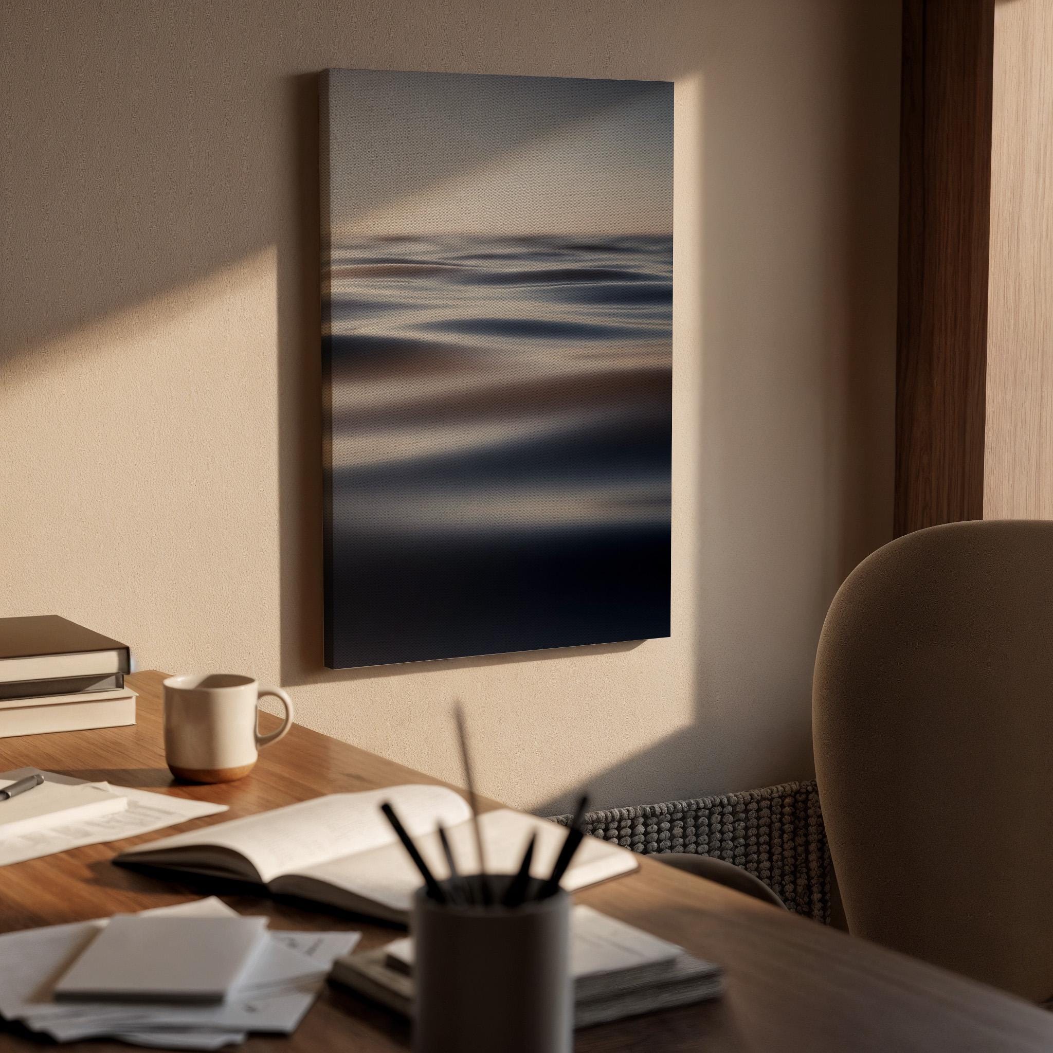 Soft Horizon Canvas, Calm Ocean View, Minimal Seascape Art, Framed Wall Decor, Blue Gray Tones, Modern Bedroom Canvas, Soft Lighting