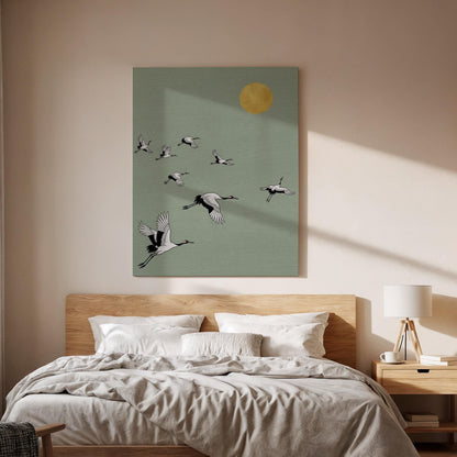 Flying Cranes Canvas Art, Framed Wall Decor, Japanese Inspired Illustration, Minimalist Nature Canvas Artwork, Serene Bedroom Wall Gift