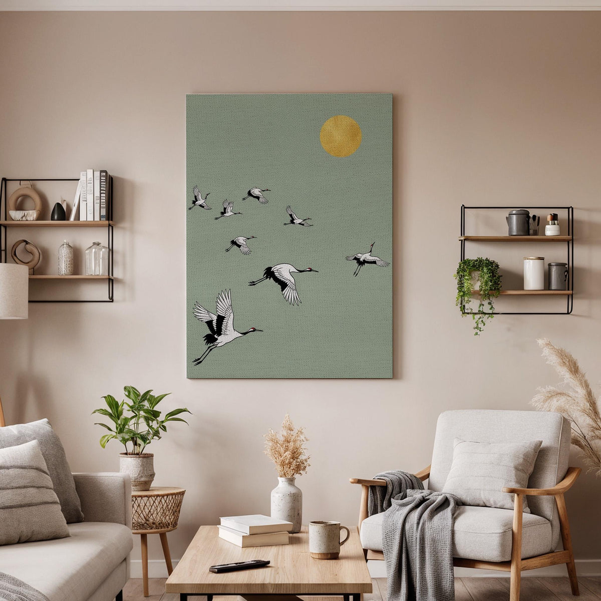 Flying Cranes Canvas Art, Framed Wall Decor, Japanese Inspired Illustration, Minimalist Nature Canvas Artwork, Serene Bedroom Wall Gift