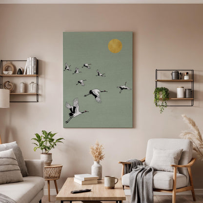Flying Cranes Canvas Art, Framed Wall Decor, Japanese Inspired Illustration, Minimalist Nature Canvas Artwork, Serene Bedroom Wall Gift
