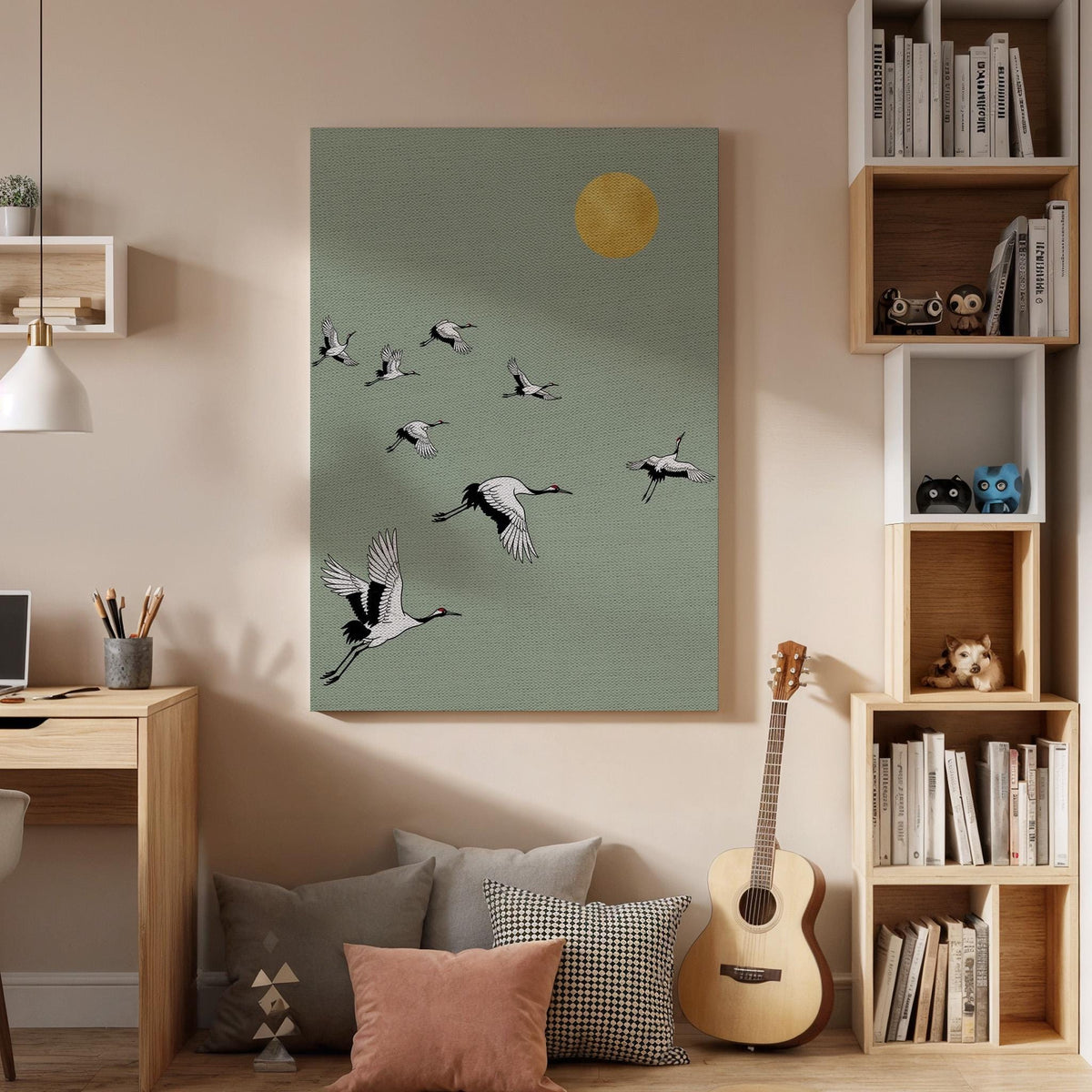 Flying Cranes Canvas Art, Framed Wall Decor, Japanese Inspired Illustration, Minimalist Nature Canvas Artwork, Serene Bedroom Wall Gift