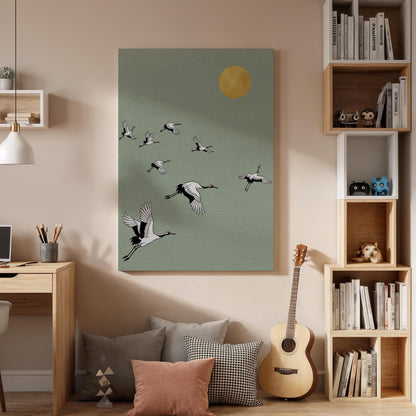Flying Cranes Canvas Art, Framed Wall Decor, Japanese Inspired Illustration, Minimalist Nature Canvas Artwork, Serene Bedroom Wall Gift