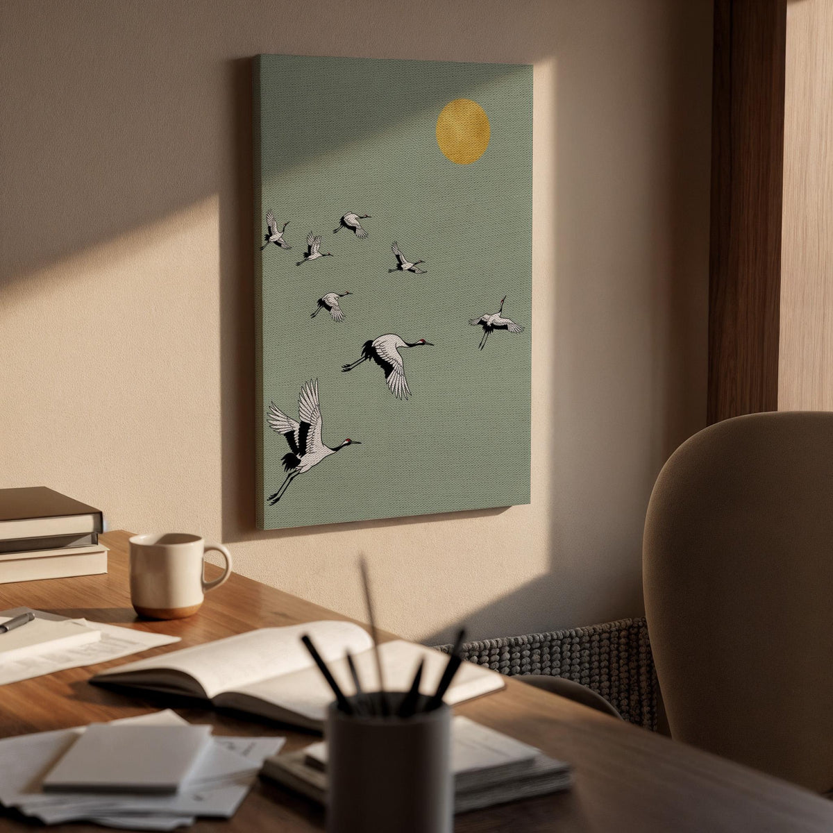 Flying Cranes Canvas Art, Framed Wall Decor, Japanese Inspired Illustration, Minimalist Nature Canvas Artwork, Serene Bedroom Wall Gift