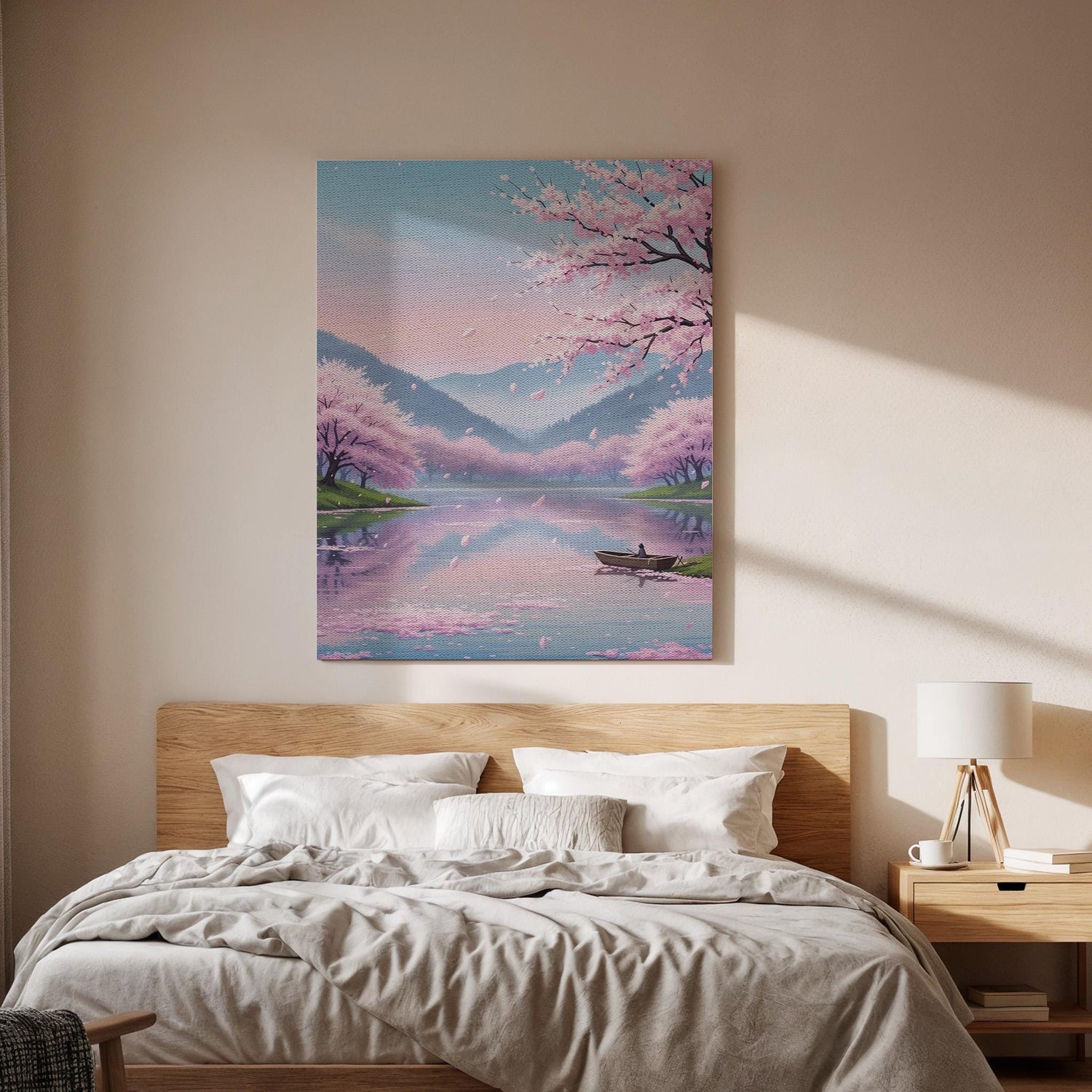 Cherry Blossom Lake Canvas Art, Framed Wall Decor, Japanese Landscape Illustration, Serene Nature Canvas Artwork, Canvas Wall Decor