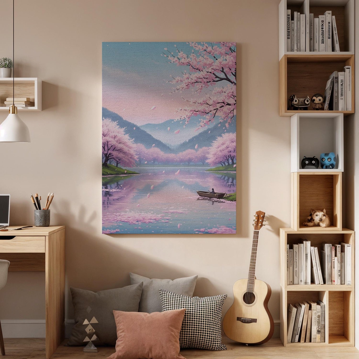 Cherry Blossom Lake Canvas Art, Framed Wall Decor, Japanese Landscape Illustration, Serene Nature Canvas Artwork, Canvas Wall Decor