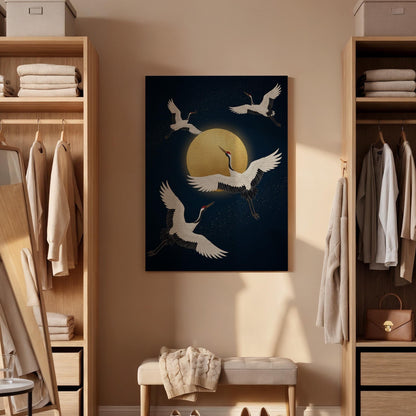 Flying Cranes Under Golden Moon Canvas Art, Framed Wall Decor, Japanese Inspired Night Scene, Elegant Canvas Artwork For Home Decor