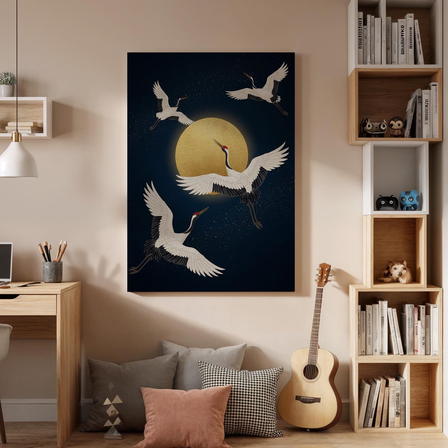Flying Cranes Under Golden Moon Canvas Art, Framed Wall Decor, Japanese Inspired Night Scene, Elegant Canvas Artwork For Home Decor