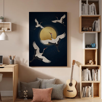 Flying Cranes Under Golden Moon Canvas Art, Framed Wall Decor, Japanese Inspired Night Scene, Elegant Canvas Artwork For Home Decor